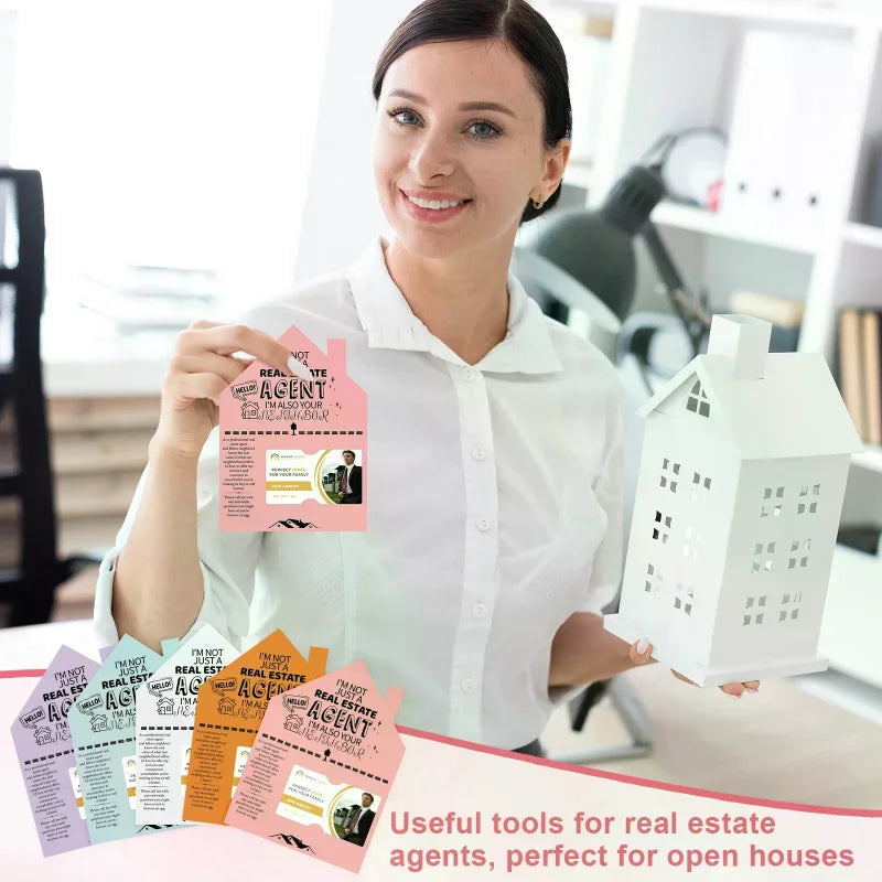 50-Pack Real Estate Agent Cards Kit-House-Shaped Cards (5x7") Business Card Slot-5 Colors-Open House Marketing Supplies For Real Oasis Select