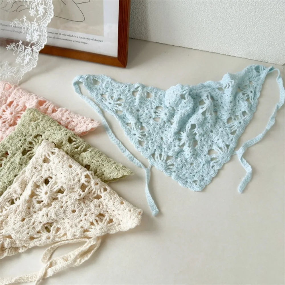 French Handmade Knitted Headscarf Hat Hollowed Sunshade Crochet Headband Triangle Flower Headscarf Beach Photography Oasis Select