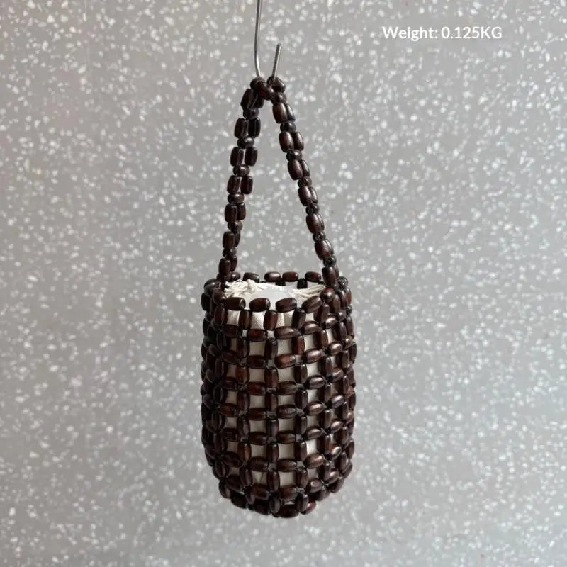 Retro Handmade Wooden Bead Woven Bucket Bag Creative Handbag Women Mini Hollow Bucket Bag Summer Wrist Bag Oasis Select A2
