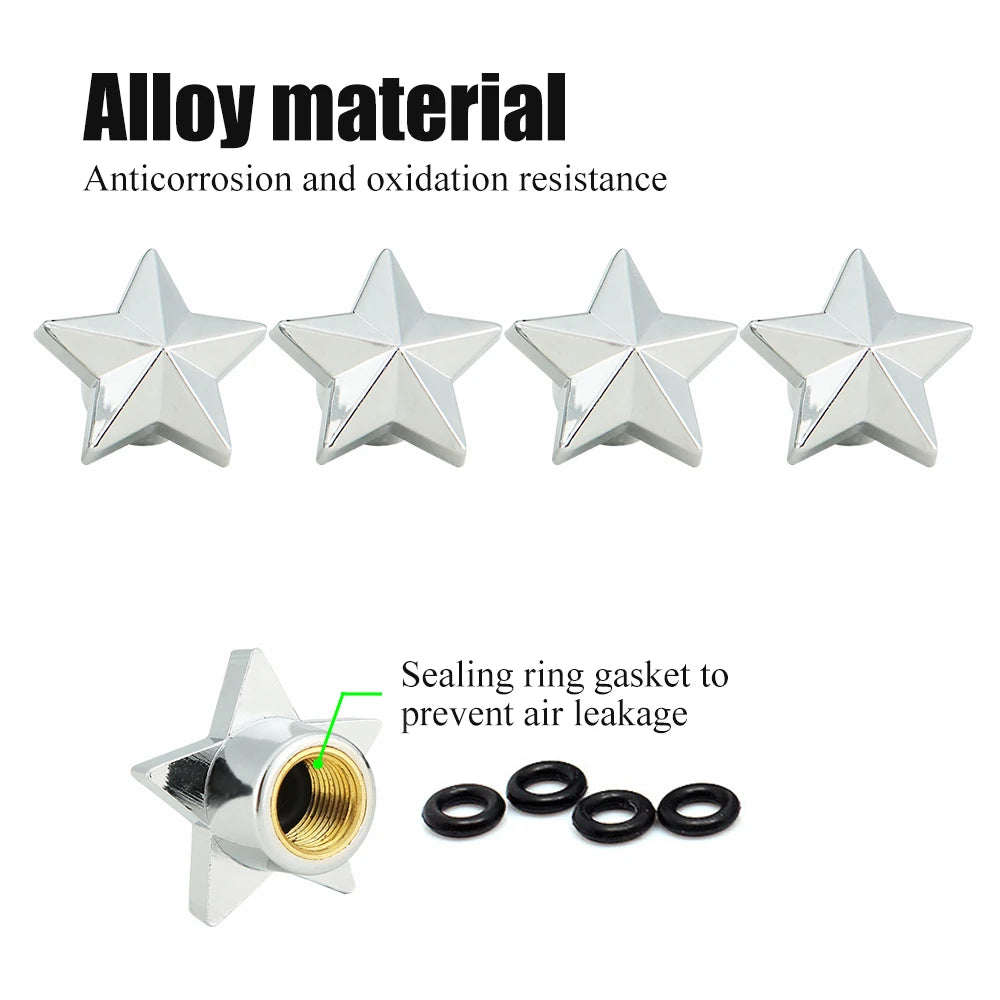 AQTQAQ 4Pcs/Set Tire Stem Valve Caps Universal Pentagram Shaped Wheel Tyre Air Valve Stem Caps Dust Covers Oasis Select