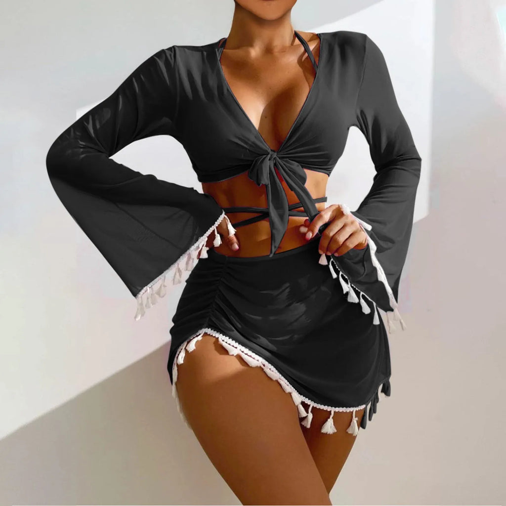 Solid Color Sexy Fashion Slim Fitting Beach Swimwear For Lady Split Lightweight Strap High Waist Pleated Cover-up Four-Piece Set Oasis Select Black M
