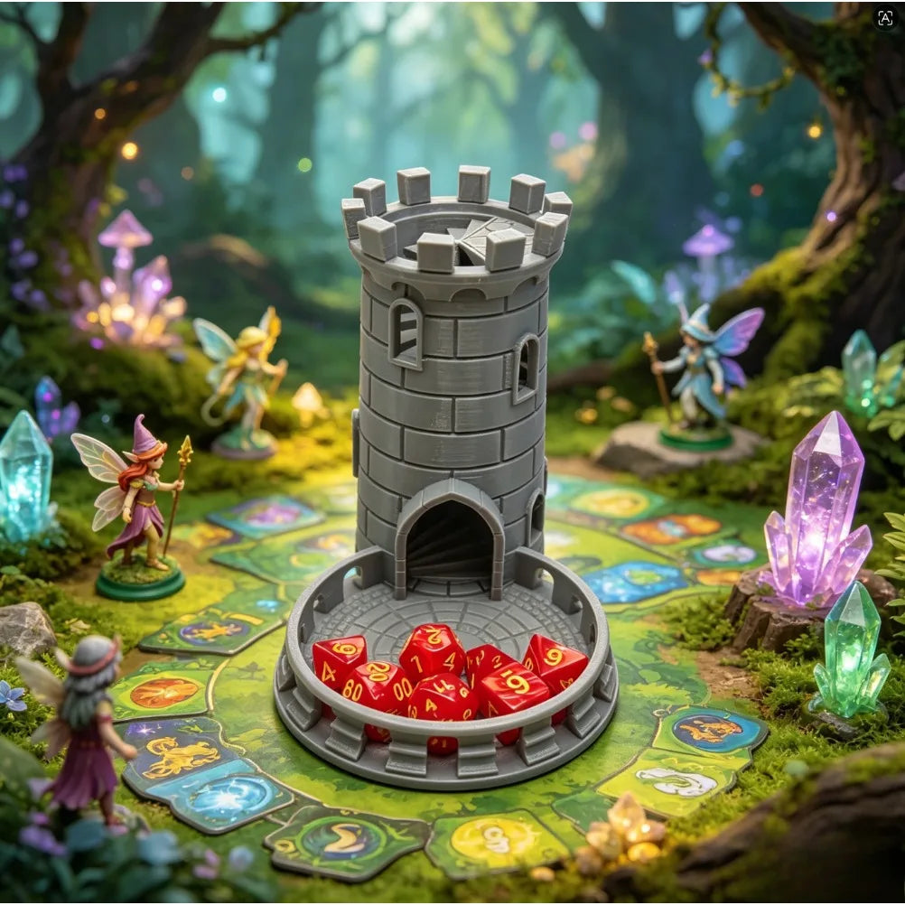 3D Printed Medieval Fort Castle Dice Tower Spiral Staircase Roller Tray for DND RPG MTG Tabletop Role‑Playing Game Accessory Oasis Select