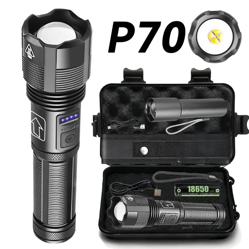 High Power Rechargeable Flashlights Ultra Powerful XHP50/XHP70 Torch Light External 18650Tactical Flashlight For Outdoor Camping Oasis Select P70-Gift ZOOM
