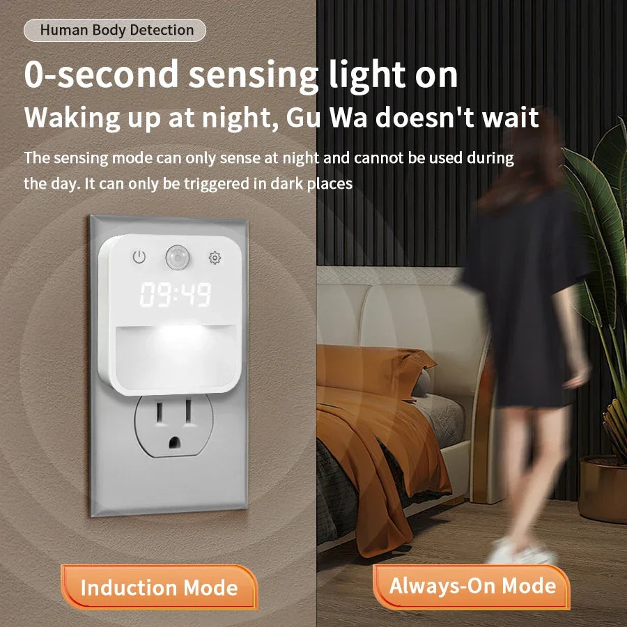 Motion Sensor LED Night Light with Time Display EU and US Socket Plug-in Wall Lamp Smart Sensing Light for Hallway Stair Bedroom Oasis Select