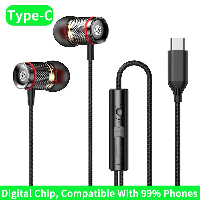 Digital Chip Wired Earphone 3.5mm AUX/Type C In-Ear 9D HiFi Surround Heavy Bass In-Ear Headsets For Samsung Huawei Xiaomi MP3 PC Oasis Select Type-C Black