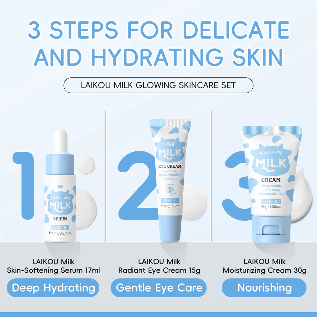 LAIKOU Milk 3pcs Travel Skin Care Set Niacinamide Hyaluronic Acid Serum Eye Cream Moisturizer Hydrating Brightening Glow Skin Oasis Select