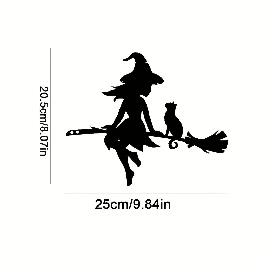 Enchanting Witch & Cat Garden Decor - Durable Iron Art with Flying Broomstick, for Halloween & Outdoor, Outdoor Garden Decor Oasis Select