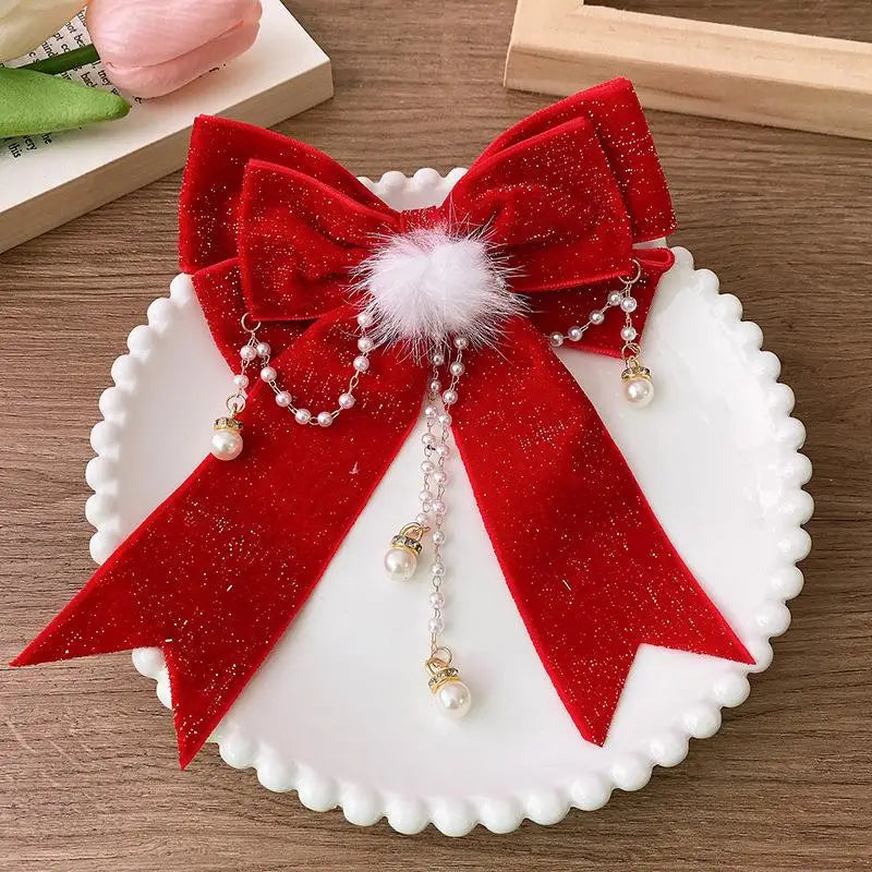 Girls Red Velvet Lace Bow Hair Clip | Korean Princess Hairpin