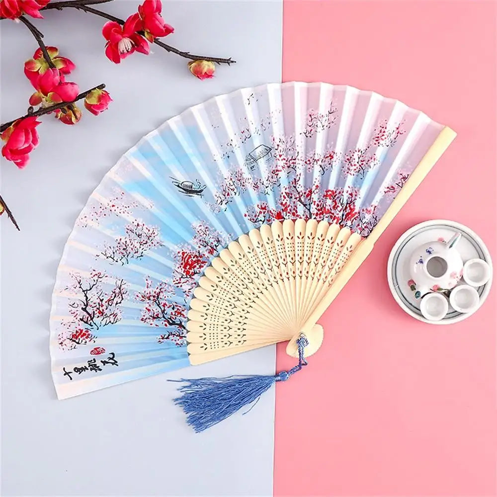 Chinese Engraved Folding Hand Fan Wooden Shank Classical Dance Tassel Fan Wedding Birthday Party Favor Fan Decor Gifts For Guest Oasis Select Style 9