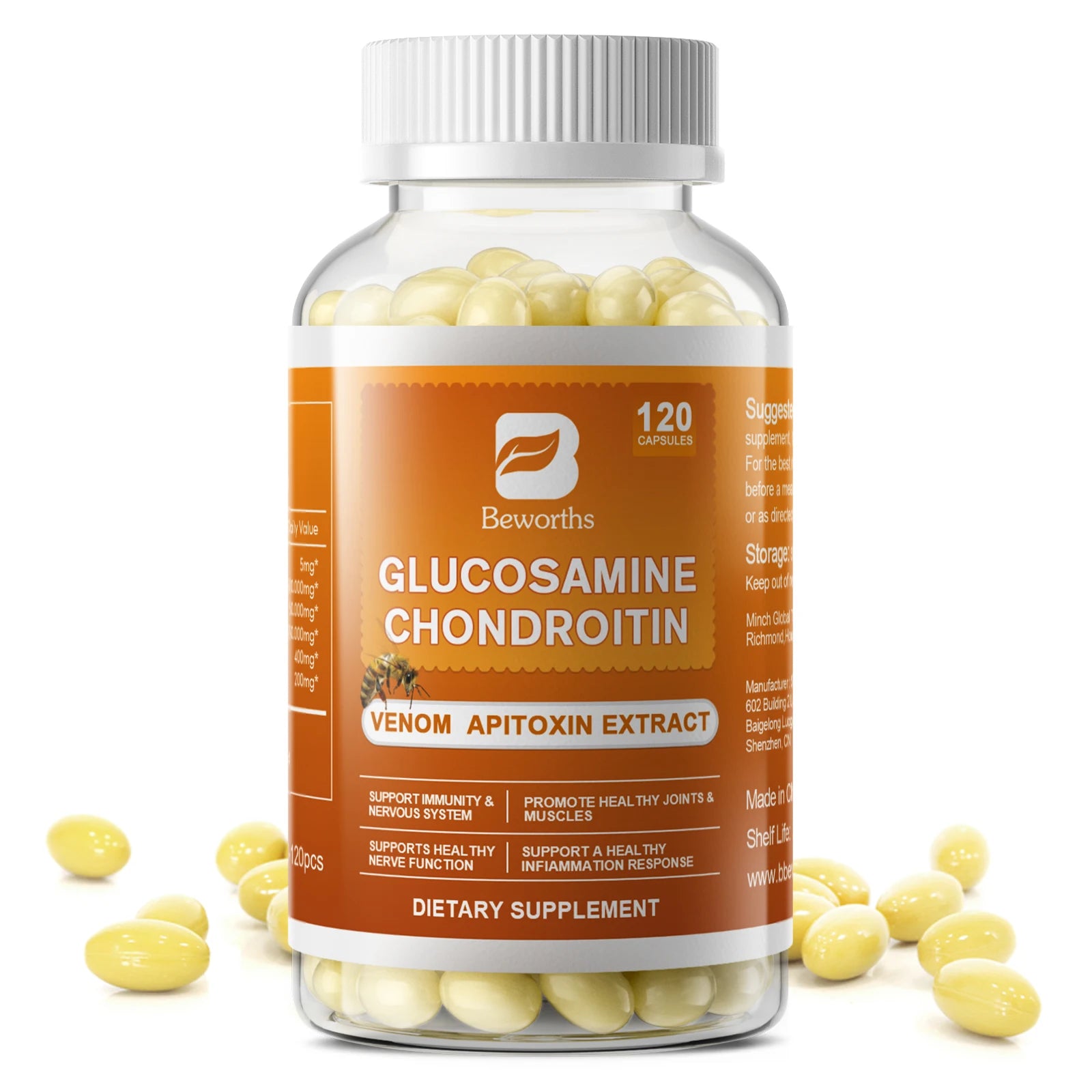 BEWORTHS Glucosamine Chondroitin Bee Venom Extract Capsules for Relieve Joint & Knee Pain Relieve Discomfort of Bones and Joint Oasis Select