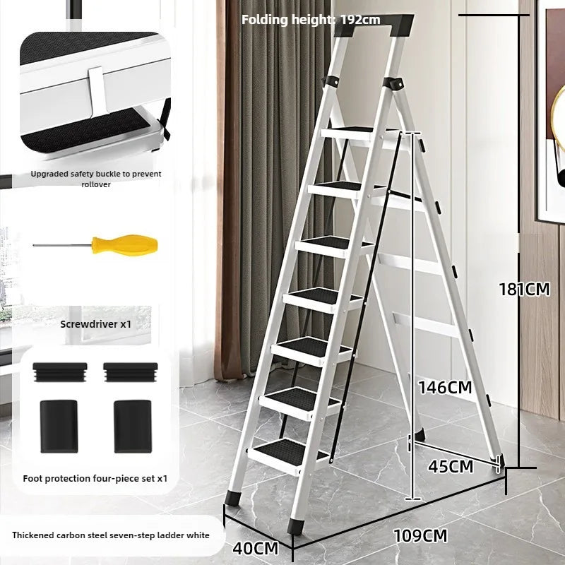Home ladder stool folding zigzag ladder anti slip pedal ladder indoor and outdoor multifunctional portable ladder Oasis Select Seven Steps White