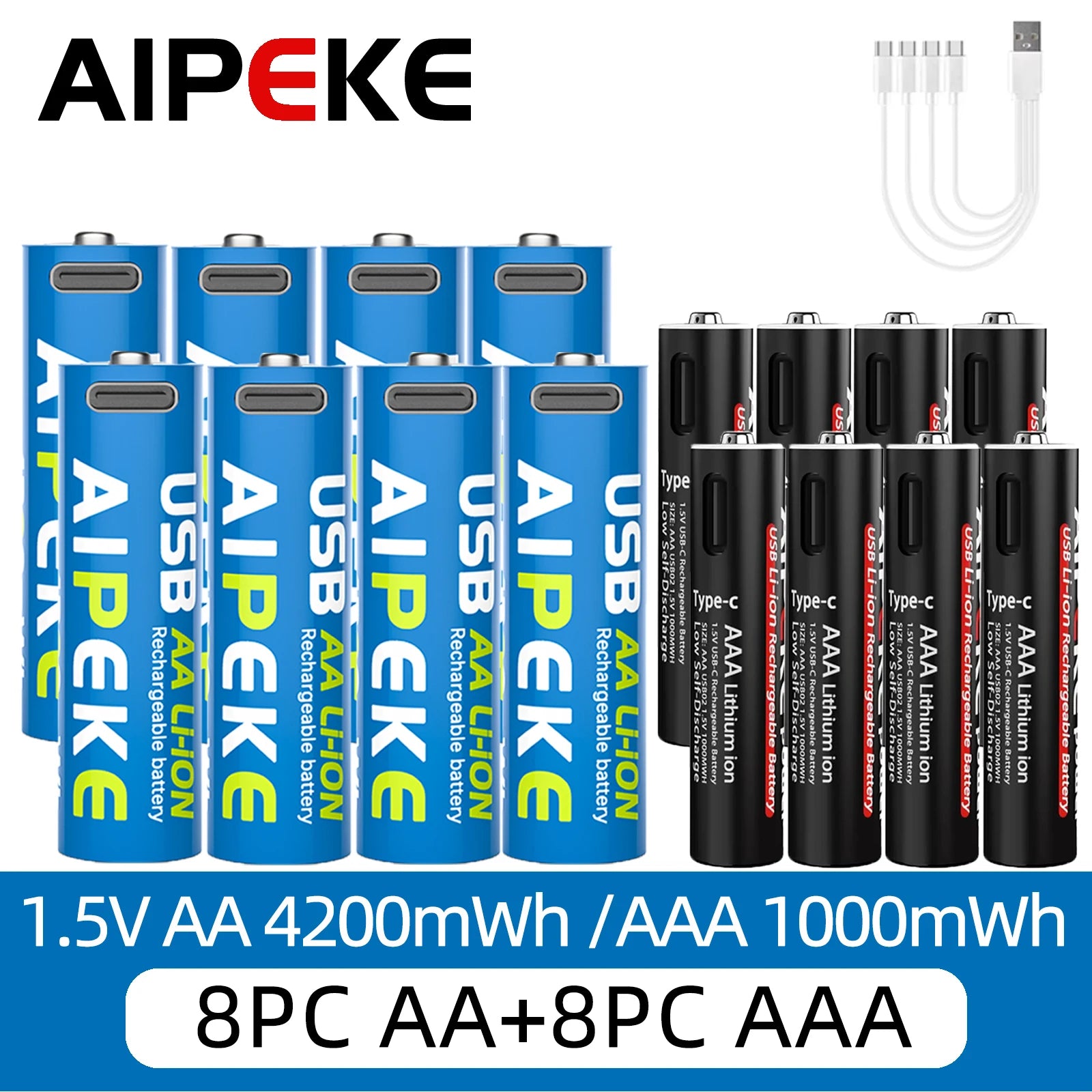 AIPEKE Aa Rechargeable Batteries 4200mWh triple aaa rechargeable batteries 1.5V 1000mWh,USB-C Charging for Remote Control Mouse Oasis Select AA8PC and AAA8PC
