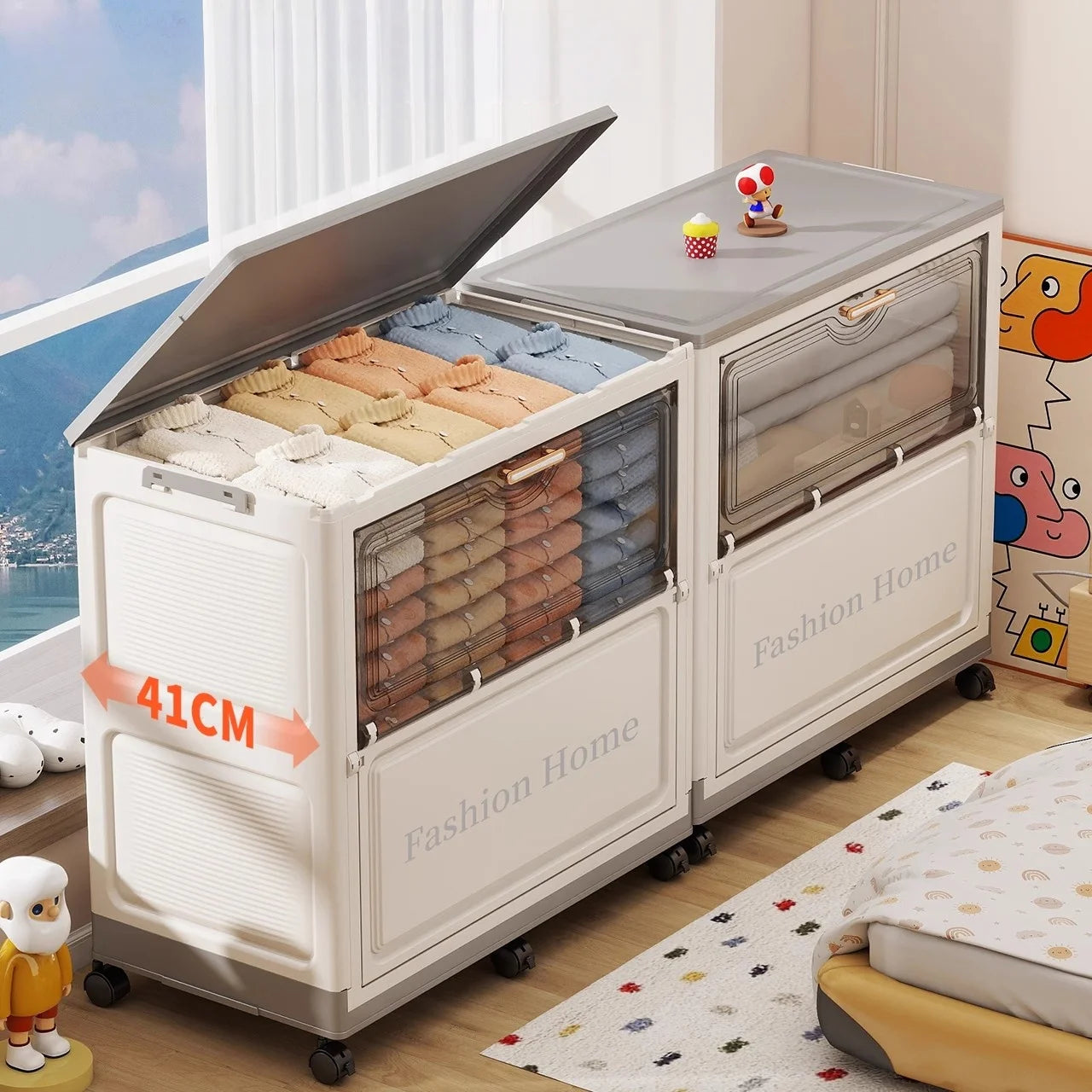 77cm Foldable Storage Bin, Large Capacity Organizer with Rolling Wheels, Collapsible Space-Saving for Clothes/Quilts, Bedroom Oasis Select