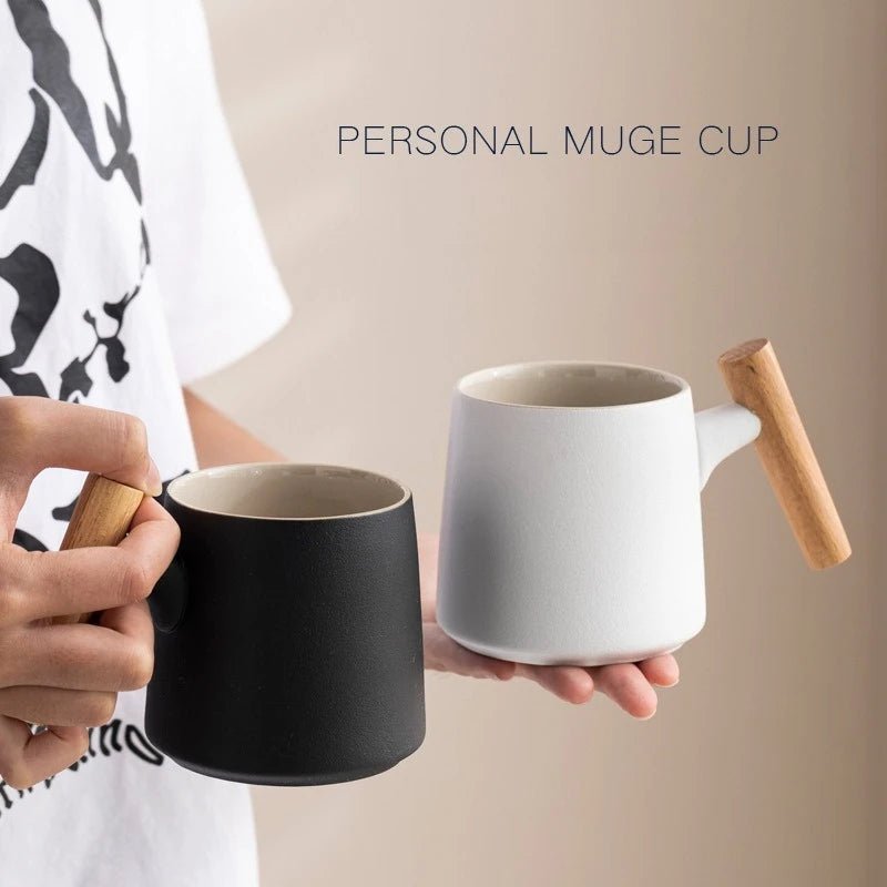 Office Wooden Handle Mug Japanese-style Ceramic Office Tea Cup Frosted Water Cup Three-piece Set with Lid Filter Mug Coffee Mug Oasis Select