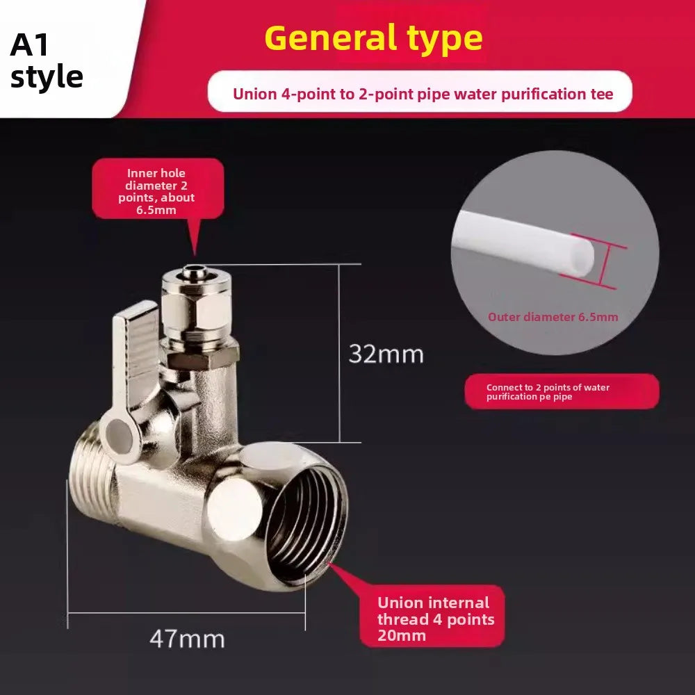 1PC RO Feed Water Adapter 1/2" to 1/4" With Shut-Off Ball Valve Faucet Tap Feed Reverse Osmosis Tee B Cold Hot Water Tube Oasis Select A1