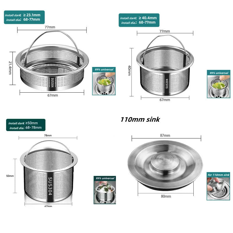 Stainless Steel Kitchen Sink Strainer Plug 99% Sink Drain Cover Filter Basket With Handle Waste Filter Mesh Kitchen Accessories Oasis Select