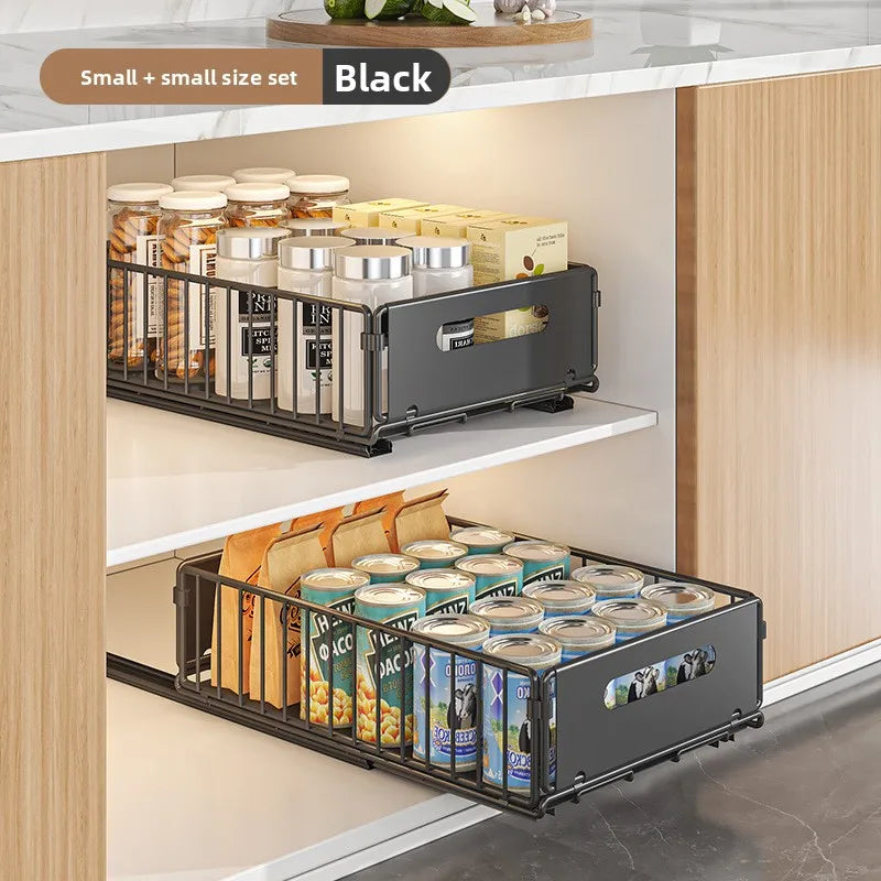 Built-in pull basket in cabinet, multi-functional pull-out snack storage rack, household kitchen sink lower shelf, no punching Oasis Select Black Small 2PCS