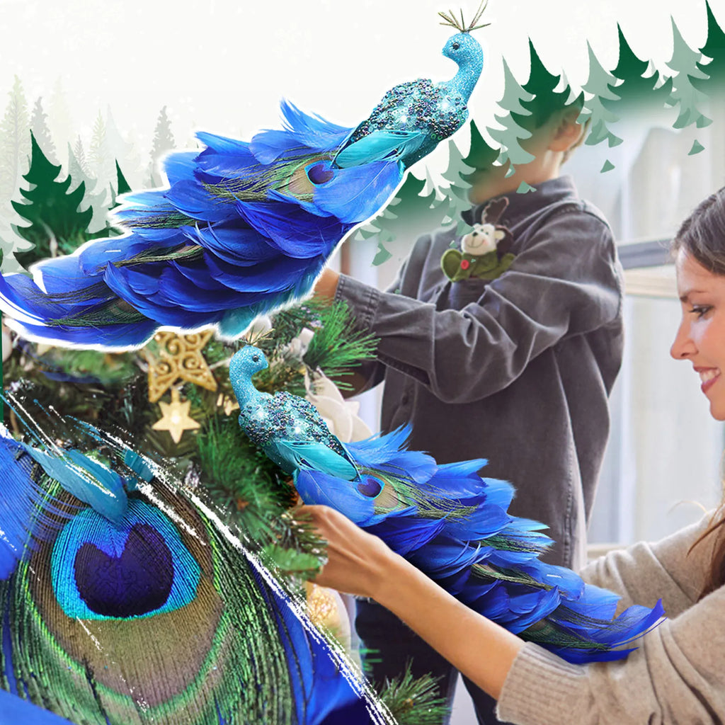 Glitter Blue Peacock Christmas Ornament with Real Tail Feather Christmas Ornament Oasis Select