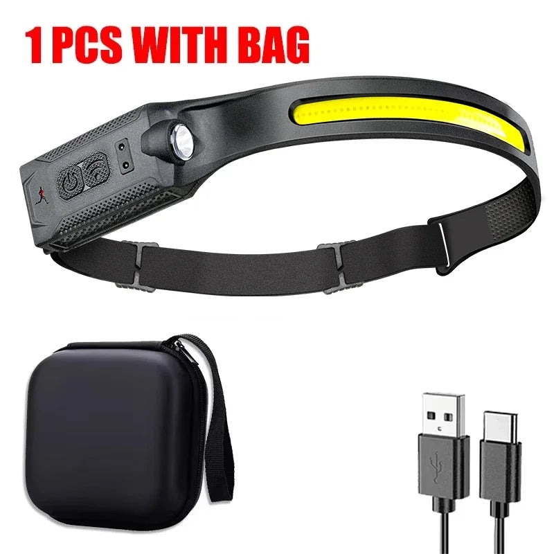 COB LED Sensor Headlamp USB Rechargeable – Camping & Fishing