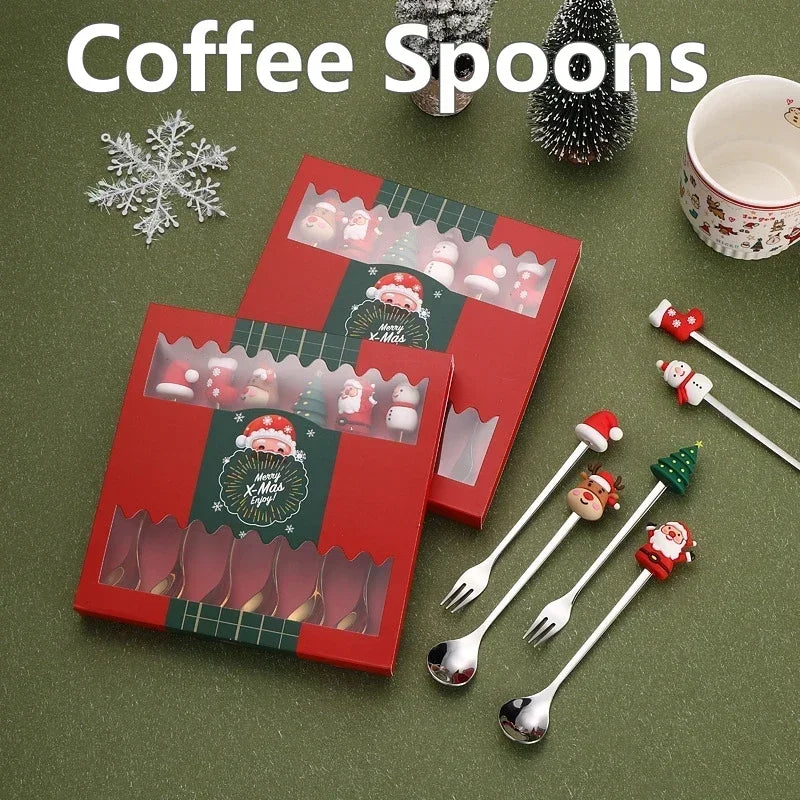 4/6PCS Coffee Spoons and Forks Set Creative Stainless Steel Fruit Fork Coffee Spoon Christmas Gifts for Kids Red/Green Gift Box Oasis Select
