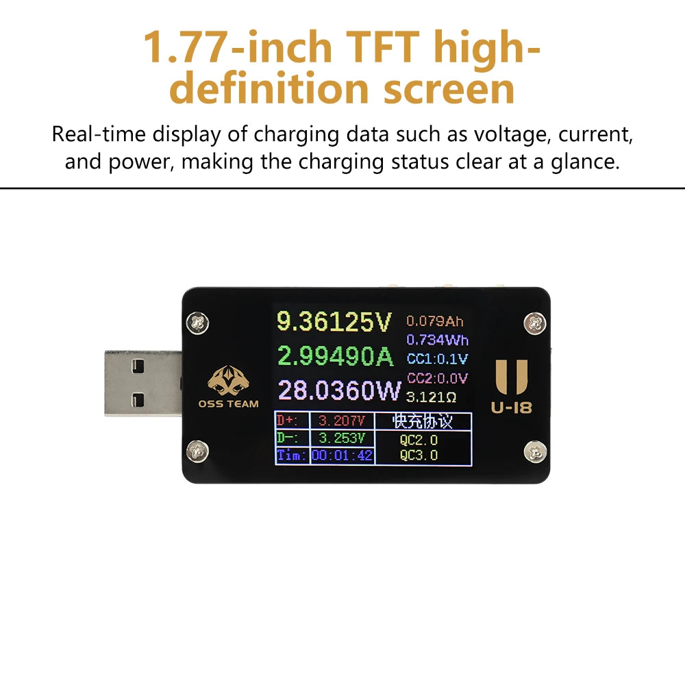 1.77 inch USB Tester Voltmeter Ammeter PD/QC2.0/QC3.0 Fast Charge Detection Voltage Current Capacity Power Tester DC 4-25V 6.5A Oasis Select