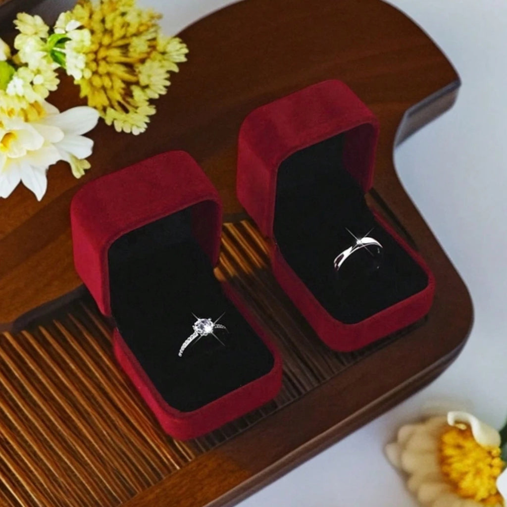 1PC Red Velvet Ring Box Wedding Pair Ring Box Diamond Ring Box Proposal Velvet Double Ring Box Wedding Props (Ring on display no Oasis Select
