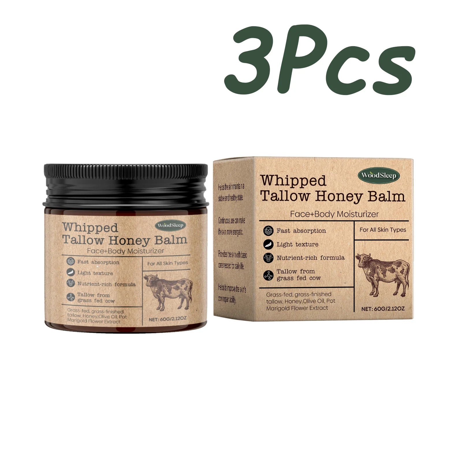 Whipped Beef Tallow Honey Balm Deeply Moisturizer Brightening Fast Absorption Grass Fed Grass Finished Face Cream Body Lotion Oasis Select 180g Boxed