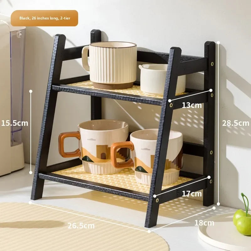 Multi-functional ins medieval rattan cream double-layer desktop rack dormitory bedroom office kitchen cup holder finishing rack Oasis Select