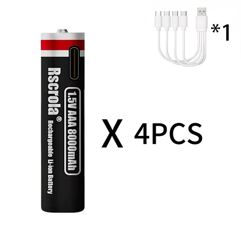 New 1.5V AA13600mAh/AAA8000mAh USB Type-C Rechargeable Lithium Battery for Mouse， Cameras, Electric Toothbrushes, Shavers Oasis Select 4 AAA8000 1.5V