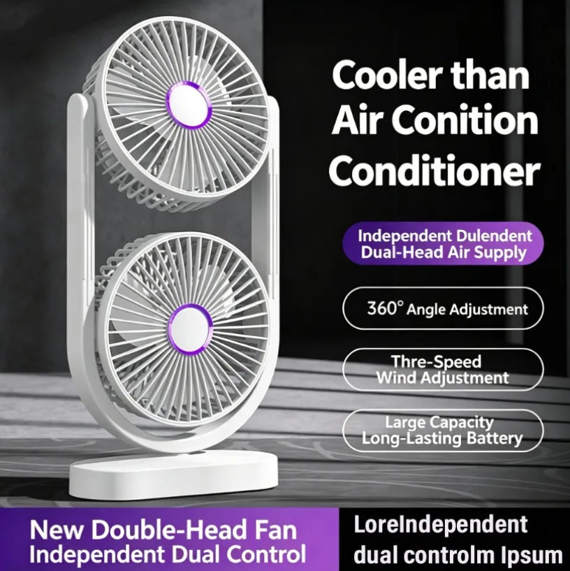 Dual Head Independent Control Desk Fan Turbo Air Circulation 3 Speeds Quiet Brushless Motor Type-C Charging for Home Office Oasis Select