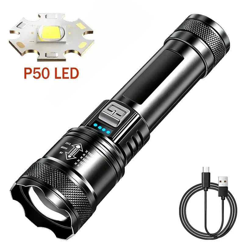 High Power LED Flashlight with Battery Display USB Rechargeable Light Telescopic Zoom Torch Lamp Outdoor Camping Fishing Lantern Oasis Select P50 LED ZOOM