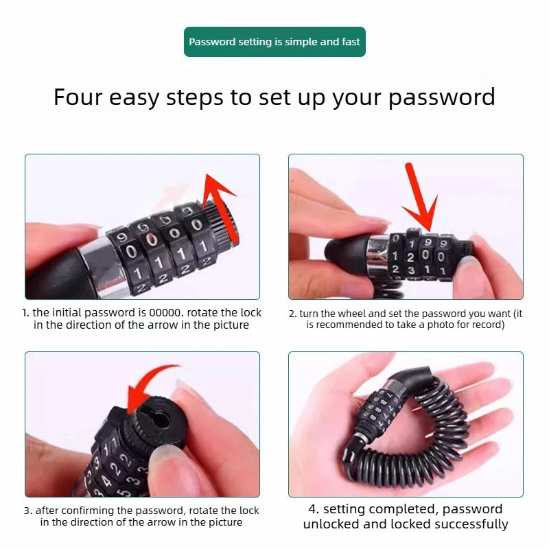 Anti-Theft 4-Digit Combination Lock Steel Cable Chain Bicycle Security Accessory with Password Protection Bike Safety Oasis Select