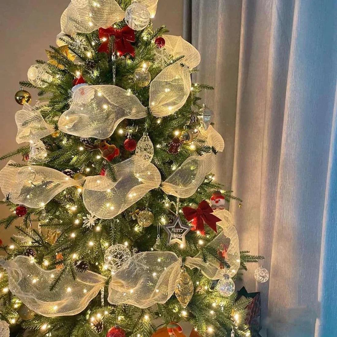 Christmas Ribbon Tree Decoration Mesh Tulle Roll Fabric Pendant Merry Christmas Decor For Home 2024 Xmas Gifts DIY New Year Oasis Select