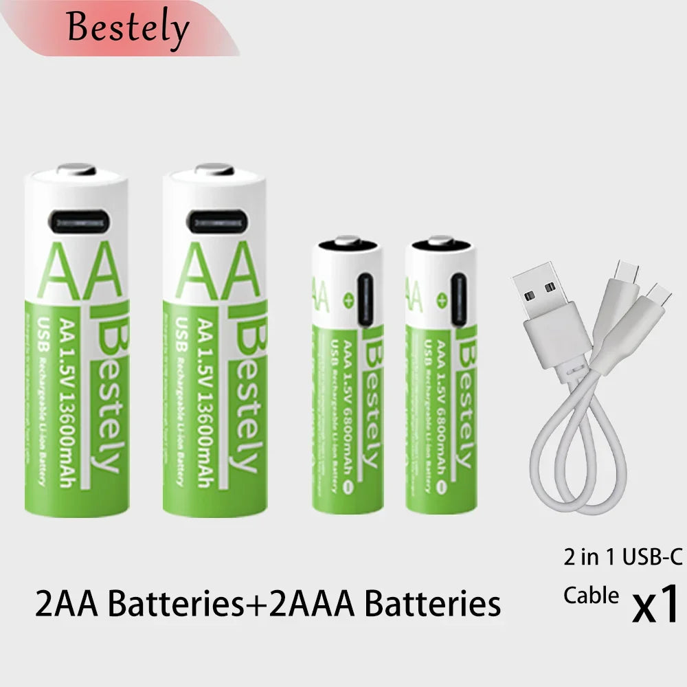 New 1.5V AA 13600mAh+AAA 6800mAh Lithium rechargeable Battery,USB Fast Charging Li-ion Battery , 2000 Cycles with USB- C Cable Oasis Select 2AA 2AAA