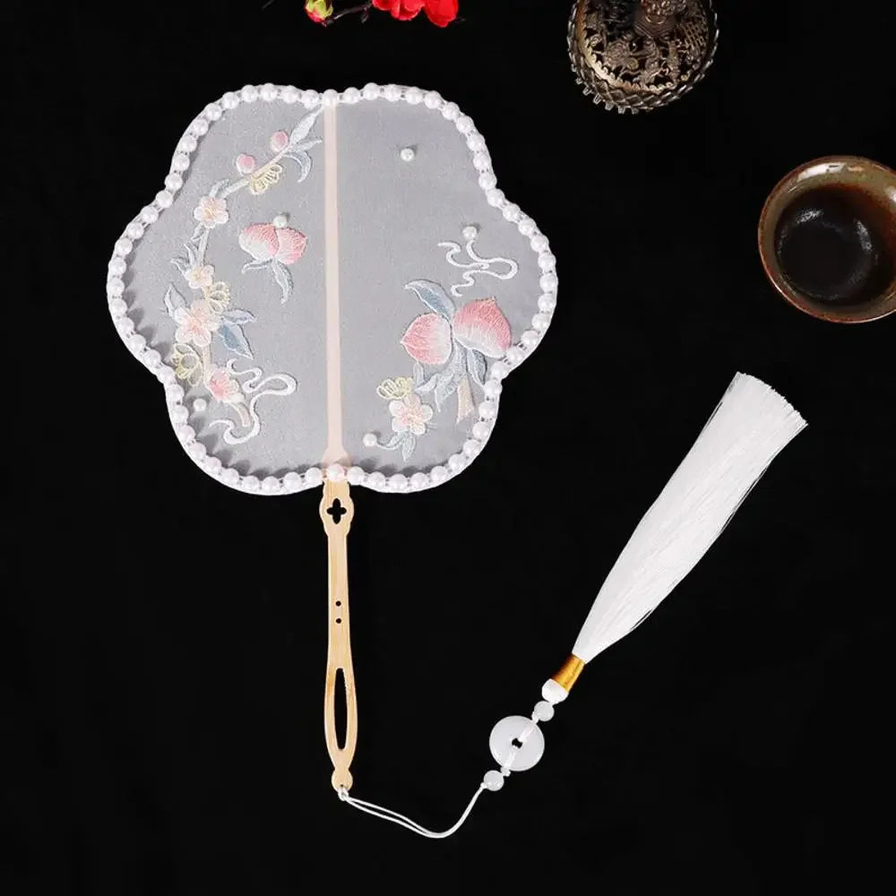 China Fan Wholesale Semi-Transparent Long Handle Tassel Dance Fan Female Costume Hanfu Cheongsam Embroidery Small Round Fan Oasis Select 08