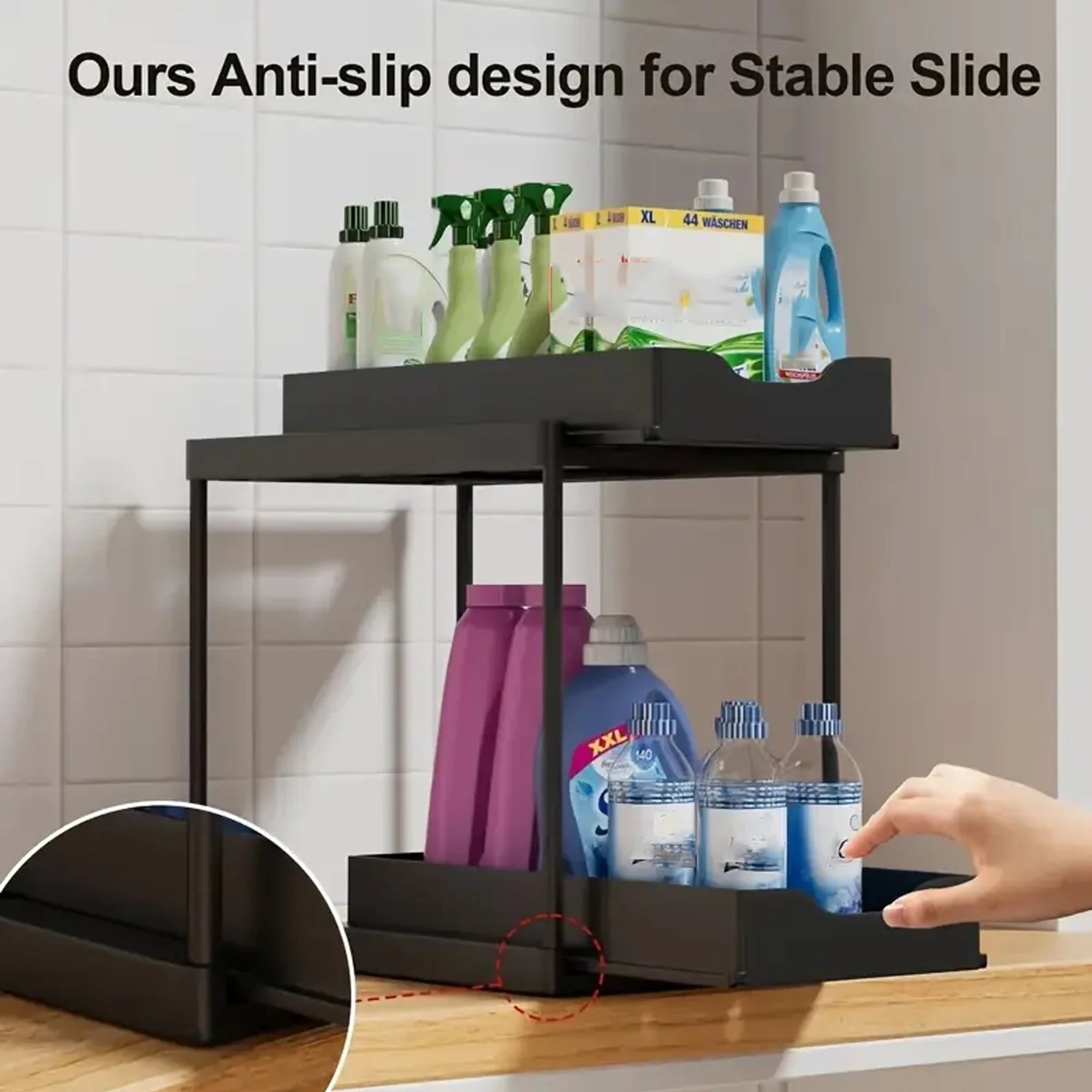 Double-Layer Pull-Out Kitchen Storage Rack, Non-Slip and Stable, Multifunctional Storage Box with Five Hooks, Under-Sink Oasis Select