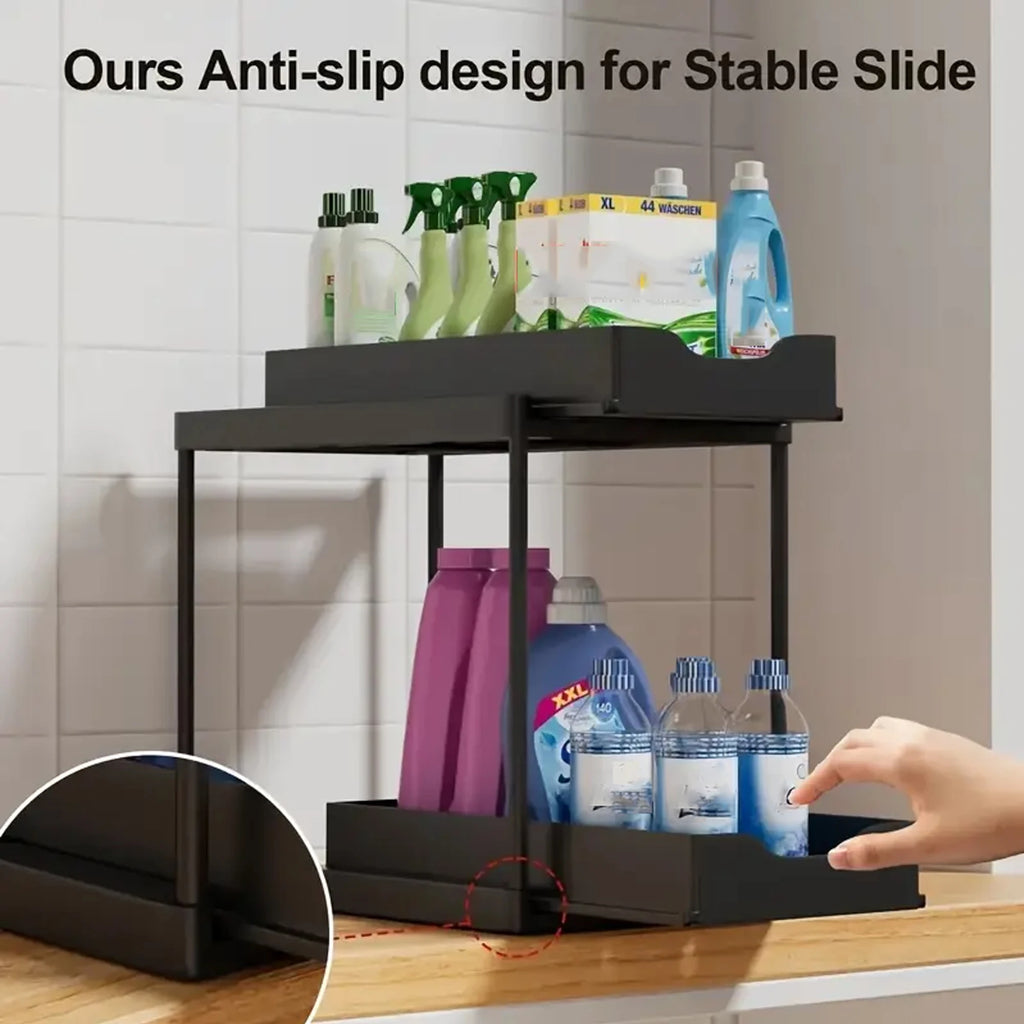 Double-Layer Pull-Out Kitchen Storage Rack, Non-Slip and Stable, Multifunctional Storage Box with Five Hooks, Under-Sink Oasis Select
