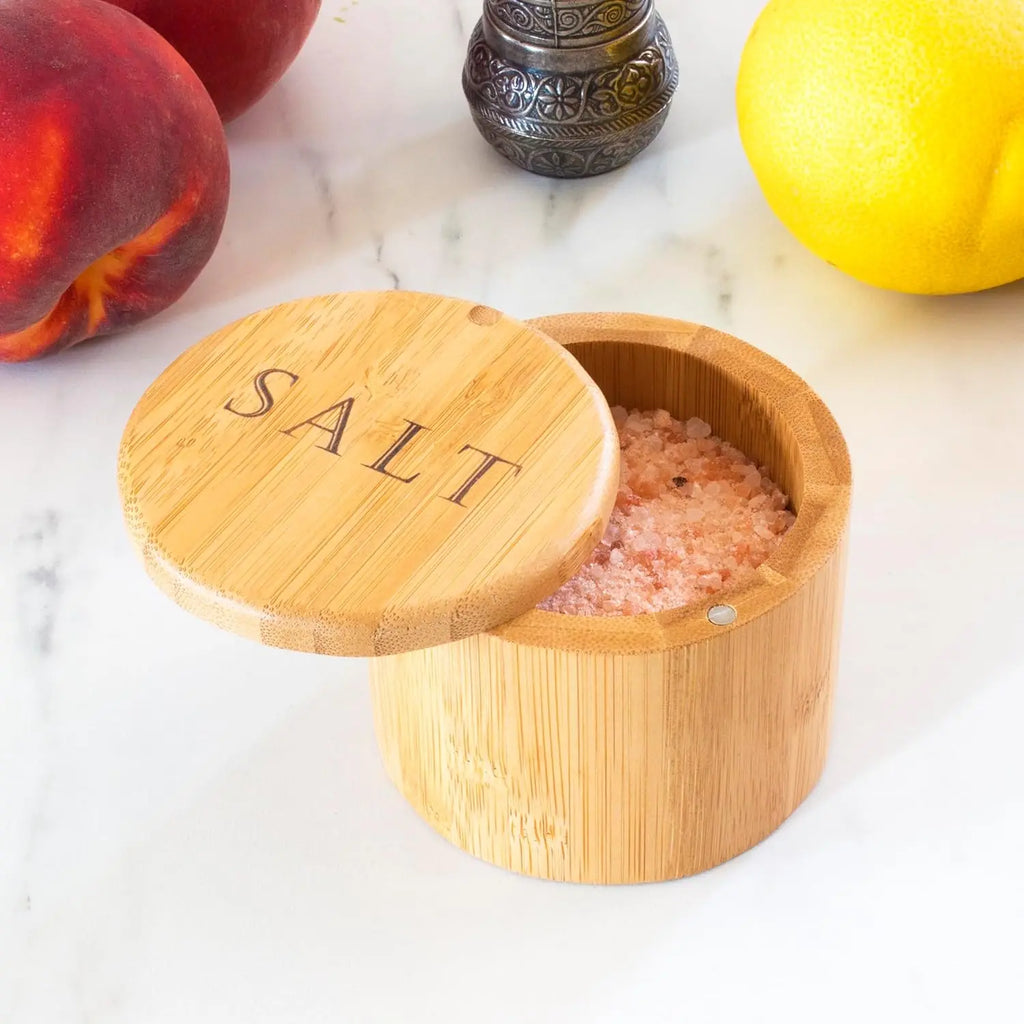1pc Bamboo storage box with magnetic twist-off lid, salt engraving on the lid. Oasis Select
