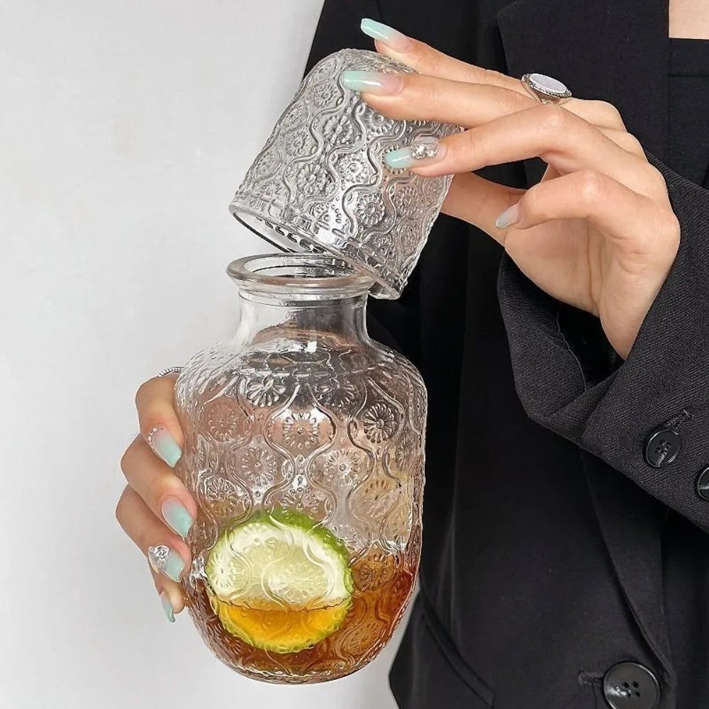 Flower Glass Teapot Vintage Water Cold Kettle Juice Glass Coffee Cup Water Glass Set Bedside Night Carafe for Midnight Drink Oasis Select