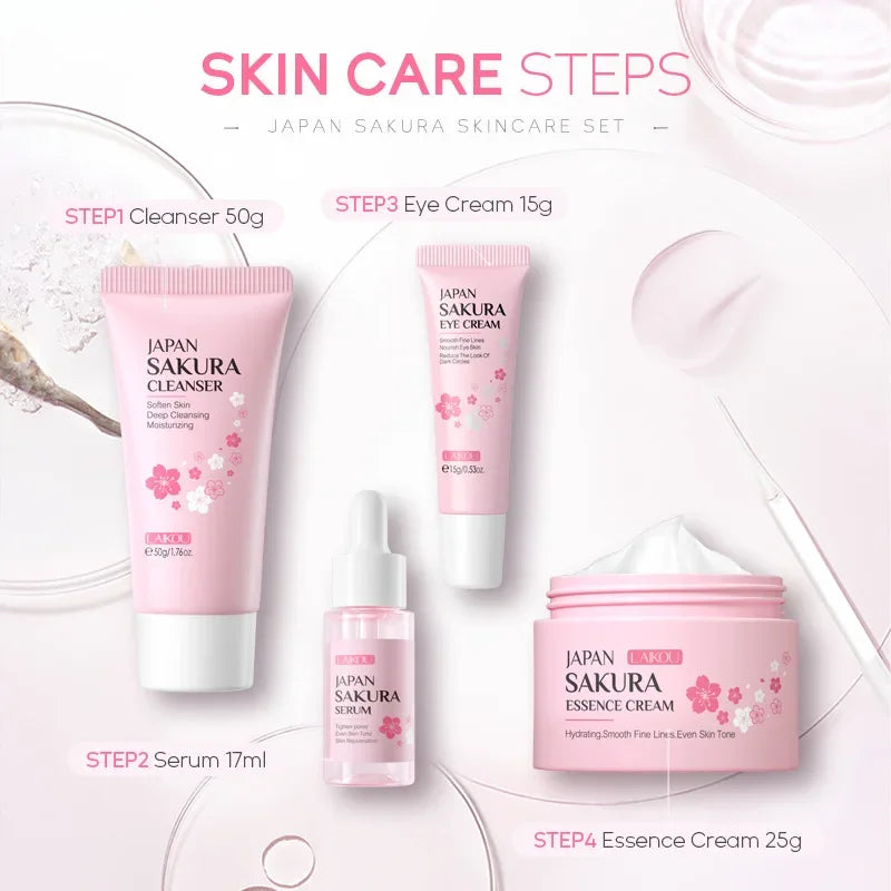 LAIKOU Japanese Sakura Hydrating Brightening 4PCS Skincare Set For All Skin Types Cleanser Serum Eye Cream Face Cream Oasis Select