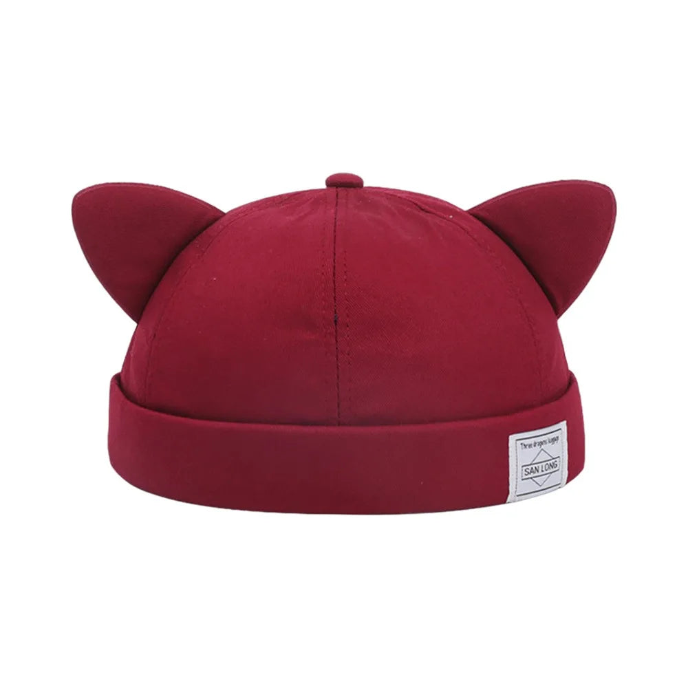 Casual Cotton Cat Ears Landlord Hat Solid Color Brimless Beanie Hat Adjustable Hip Hop Melon Skin Hat Spring Summer Oasis Select Wine Red