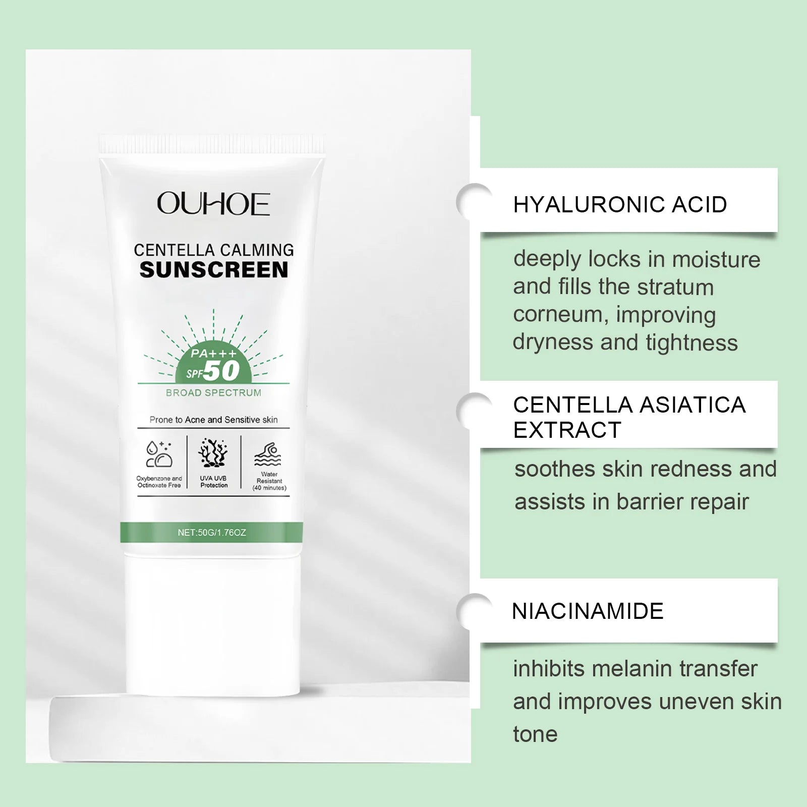 Ouhoe SPF 50 Centella Facial Sunscreen – UV Defense 50g Facial Sunscreen Oasis Select