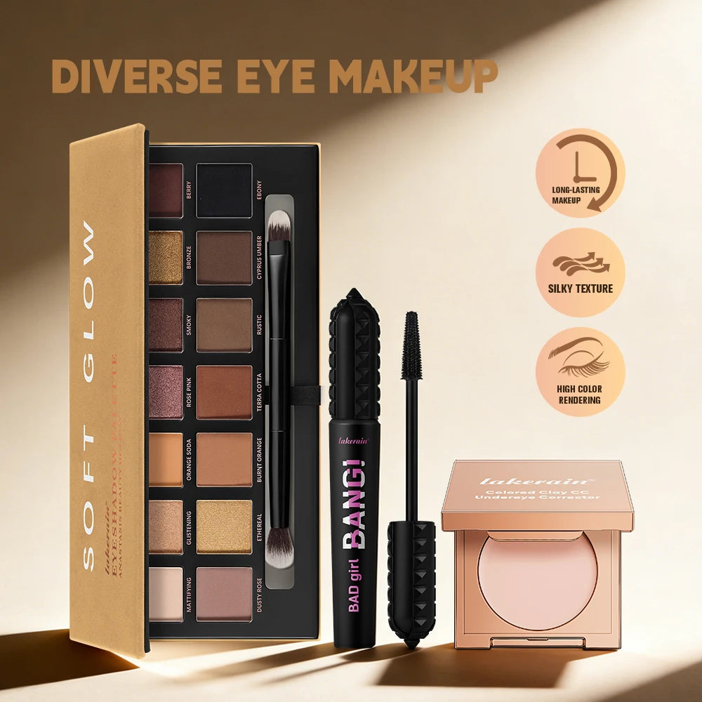 3pcs/set CC Full Coverage Undereye Color Corrector Glow Eyeshadow Palettes Volumizing Mascara Lasting Beauty Eyes Makeup Kit Oasis Select