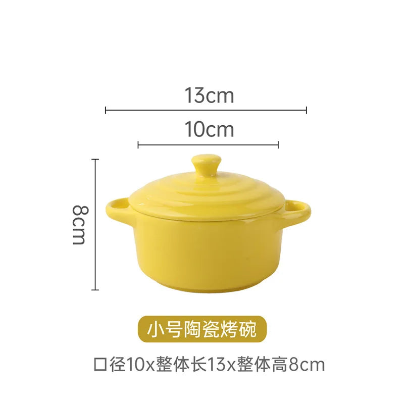 1Pc Small Ceramic Double Ear Bowl - Oven Safe for Steamed Egg Custard, Household Stew Soup, Pudding Baking & Stewing Pot Oasis Select Yellow-S
