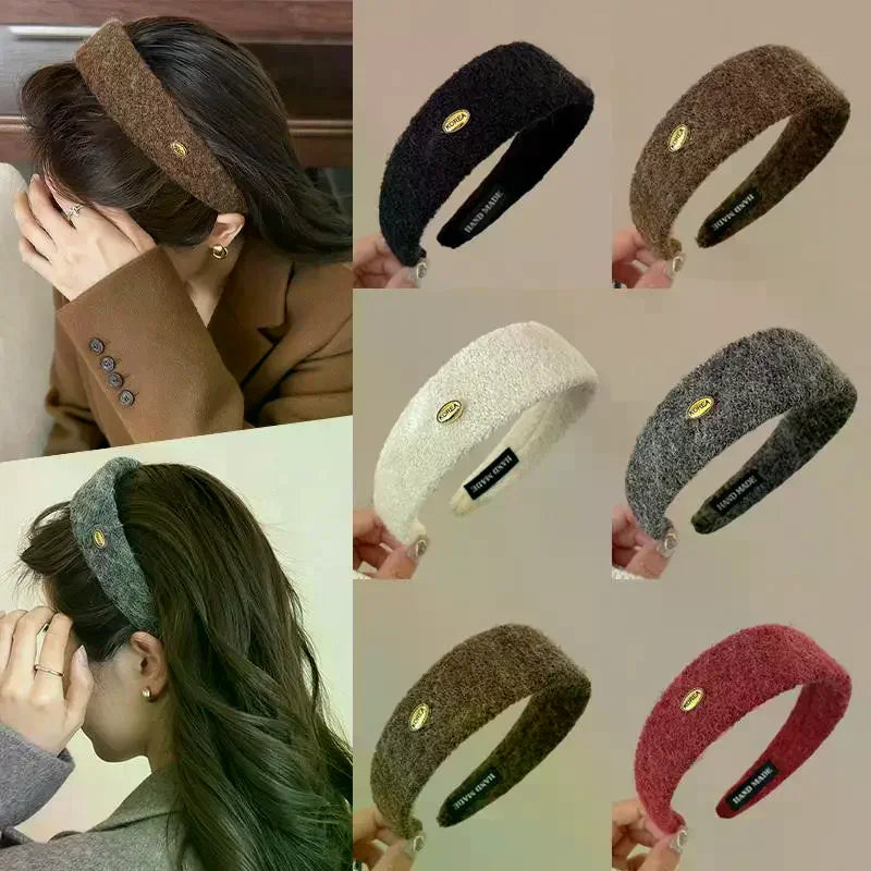 Korean Fuzzy Headband – Soft Plush Hairband with Gold Logo