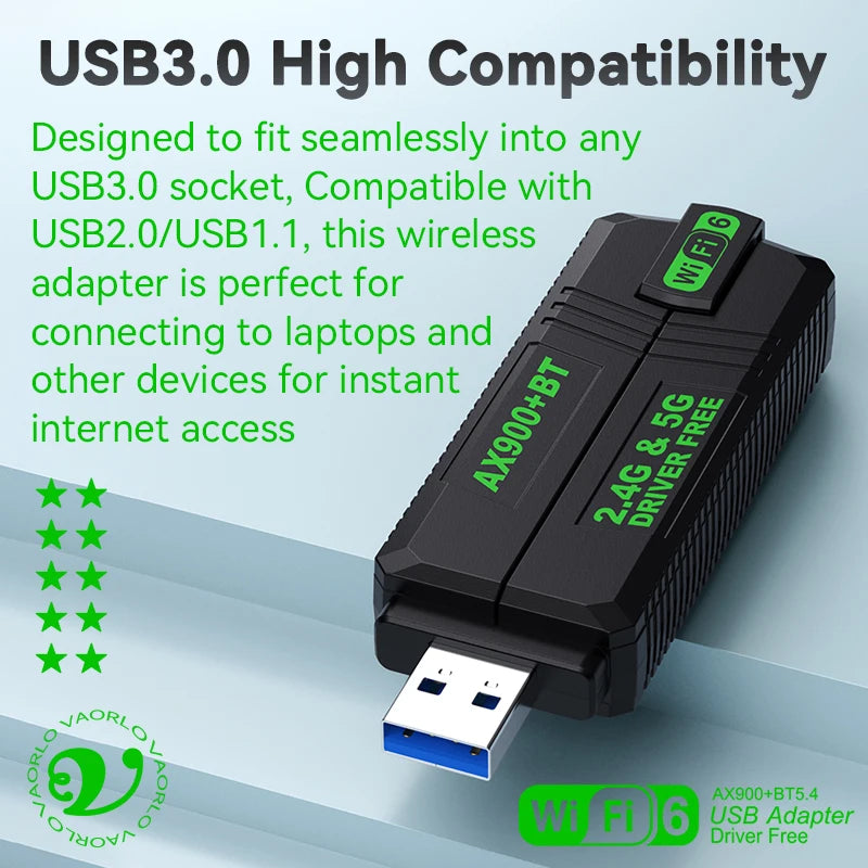 AX900 WIFI6 USB Adapter 2IN1 Bluetooth 5.4 900Mbps WiFi 6 Dual Band 2.4G&5G 802.11AX USB3.0 Wireless Card Receiver For WIN10/11 Oasis Select