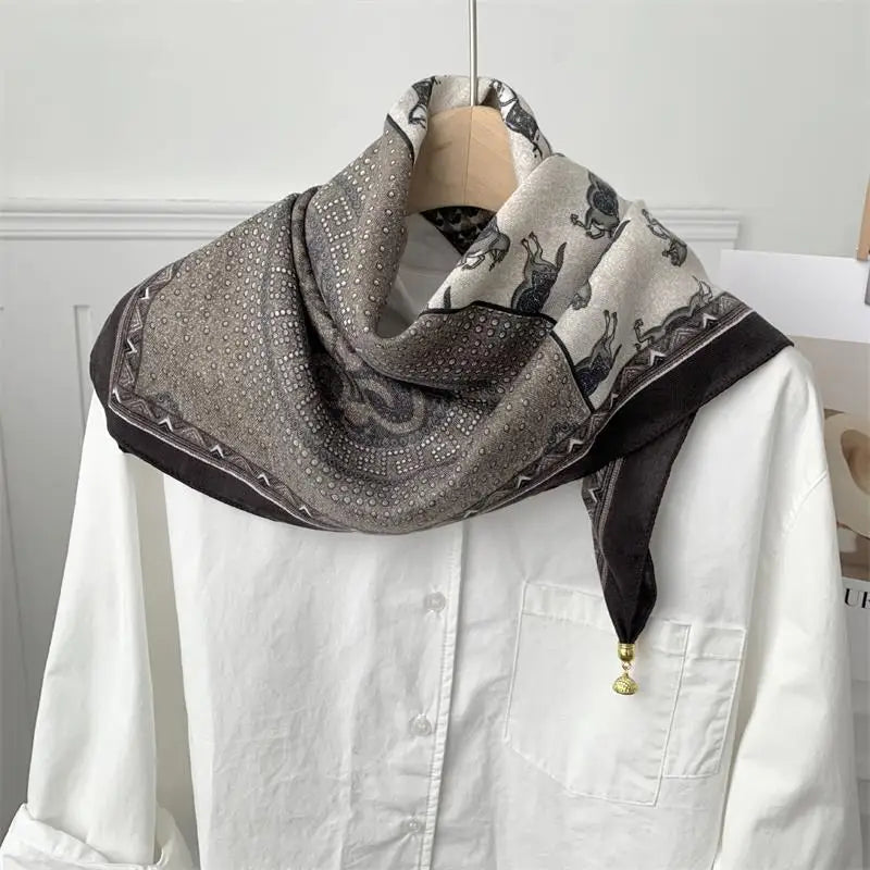 70*70 Square Scarf Retro Print Silk Scarf With Magnetic Buckle Women Neck Scarf All-match Shawl Fashion Headscarf Accessory Gift Oasis Select A36