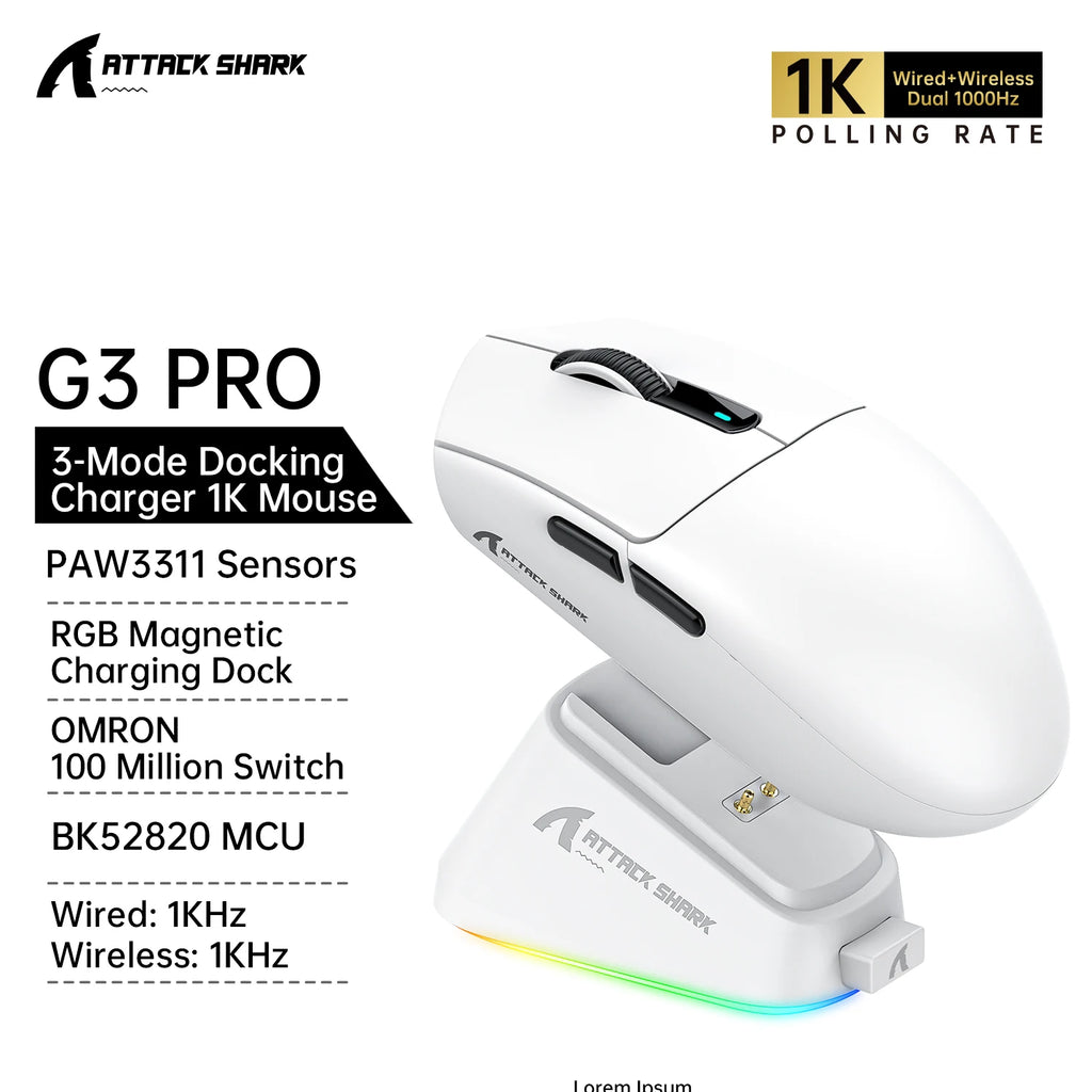 ATTACK SHARK G3 PRO Wireless Gaming Mouse Superlight PAW3311 25000DPI Tri-Mode Bluetooth Wired RGB Charging Dock Large Battery Oasis Select G3PRO White