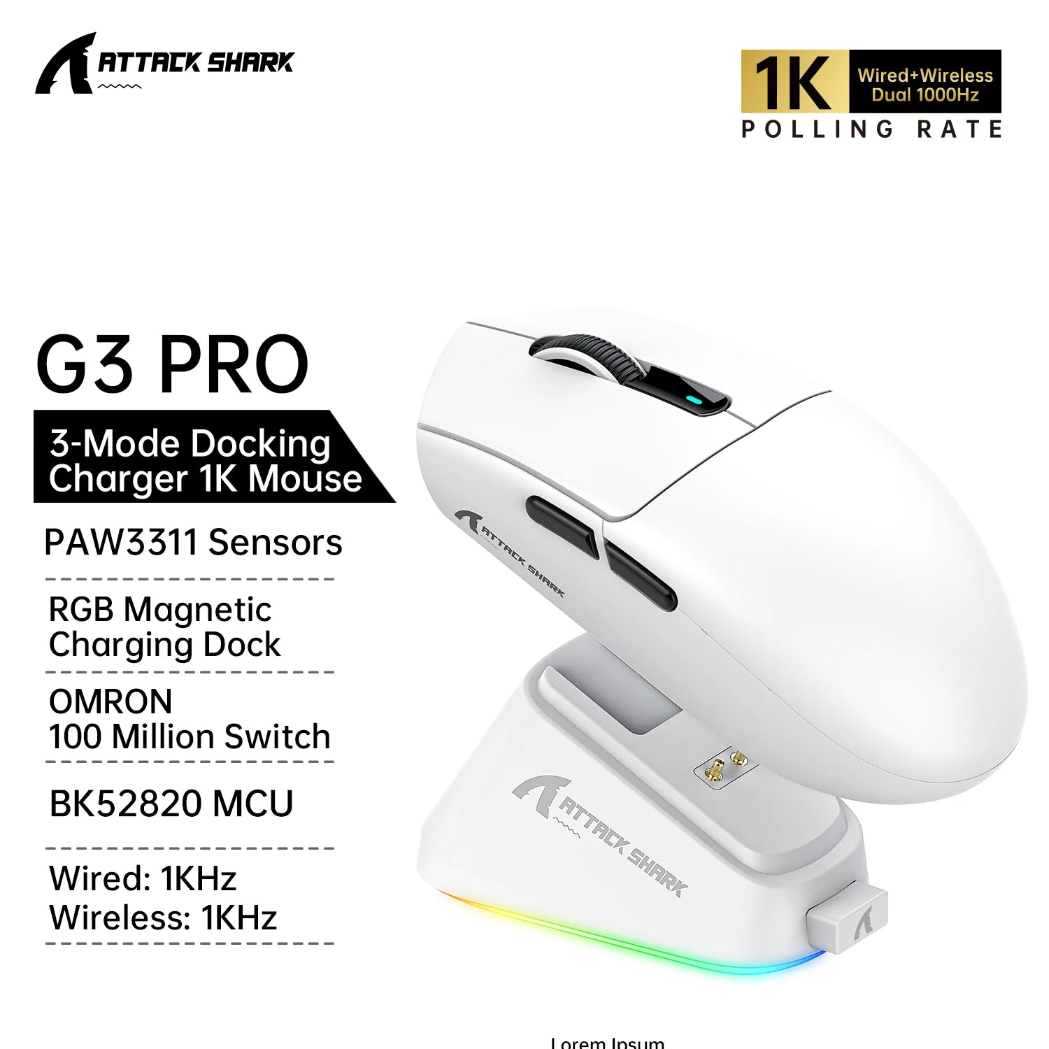 ATTACK SHARK G3 PRO Wireless Gaming Mouse Superlight PAW3311 25000DPI Tri-Mode Bluetooth Wired RGB Charging Dock Large Battery Oasis Select G3PRO White