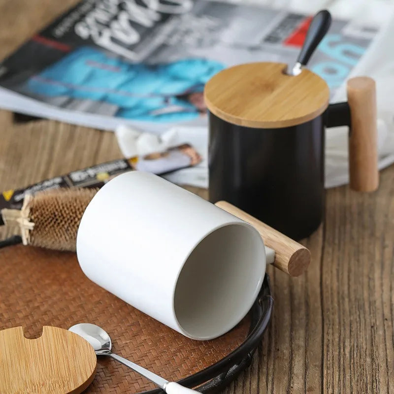 Creative 310ml Ceramic Coffee Mug with Wooden Handle & Lid Milk Cup Couple's Mug Office Kitchen Water Cup Drinkware Gift Box Set Oasis Select